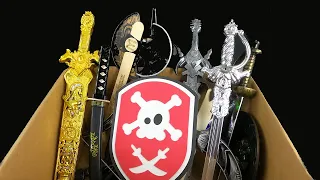 Box Full of Toy Swords - Shields - Battle Axes