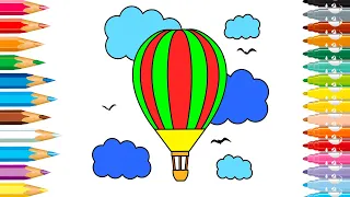 How to draw a Hot Air Balloon with Clouds in the Sky | Drawing and Coloring for kids | Step by Step