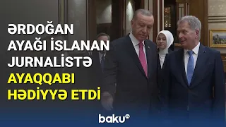 Ərdoğan ayağı islanan jurnalistə ayaqqabı hədiyyə etdi - BAKU TV