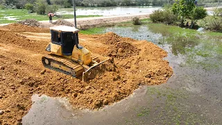 The New Project Bulldozer KOMATSU D51 Push Soil In Water With DumpTruck 5TON + 25TON Unloading Soil
