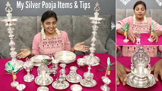 My Silver Pooja Items Collection & Tips |  Karthikha Channel Silver Collections #silvercollection