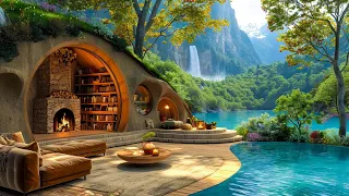 Smooth Instrumental Jazz Music with Relaxing Fireplace Sounds in Morning Spring Cozy Hobbit Ambience