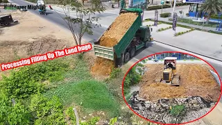 Small Project! Use one day technique completed, By Bulldozer KOMATSU D31P, Dump Truck Unloading