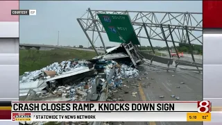 Crash closes I-74 ramp in Indianapolis, knocks down sign