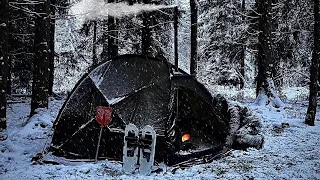 SOLO WINTER SNOWSTORM CAMPING -  Hot Tent Bushcraft Overnight in Blizzard with Dog