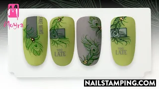 Green layered stamping nail art with stamping gel (nailstamping.com)