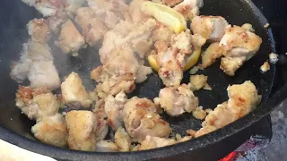 Campfire Lemon Chicken Soup with Beer Bread in Dutch Ovens