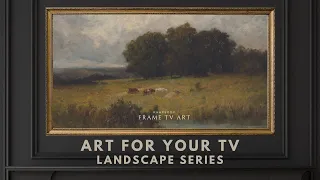 Framed TV Art Screensaver 4K - Vintage Moody Landscape with Cows Wallpaper Background - No Sound