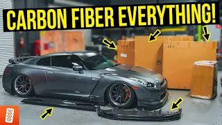 Building a Nissan R35 GTR : Installing a Carbon Fiber Hood, Lip, Trunk, Diffuser & Sideskirts!