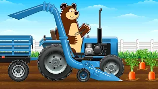 The Bear Farm: Tractors Planting to Harvest, Carrot Machine and Gardening | Vehicles Farm Animated