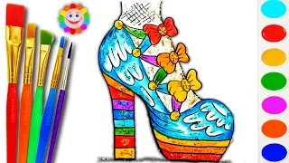 How to Draw Rainbow Shoes, Footwear, Coloring Pages for Children - Learn Art Colours for Kids