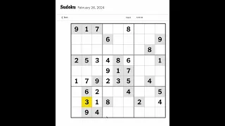 New York Times Sudoku Hard for February 26, 2024.  Just me mumbling and solving