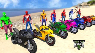 TEAM SPIDERMAN RACING MOTORCYCLES Challenge on Beach MEGA Ramp With Sports Cars Epic Stunts - GTA 5