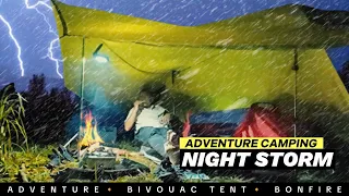 ⛈️ ADVENTUROUS CAMPING in heavy rainstorm, bivouac survival tent, bonfire (Rain Sound ASMR)