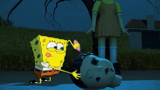 SpongeBob is trying to fix Squid Game Doll's head