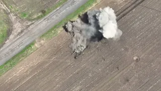 Wait for it: Russian tanks decided to drive beside a blown tank and gets into another mine trap