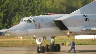 Tupolev Tu-22M3 "Backfire" front-line bomber, startup, afterburner and thunderous takeoff.