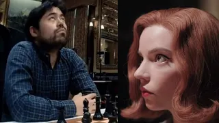 Hikaru Nakamura being Beth Harmon and looking at the ceiling