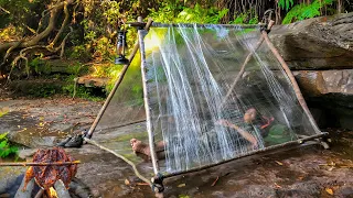 Solo Overnight Bushcraft Tent Made From Plastic Wrap At The Mountain, Survival Winter Camping