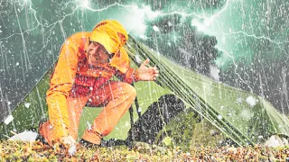 Caught in Massive Storm of Hail, Thunder, Lightning & Heavy Rain, Tarp Shelter Camping Survival ASMR