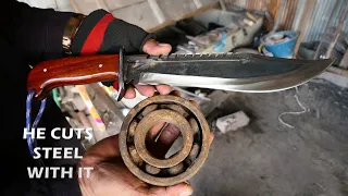 MAKING A RAMBO KNIFE STYLE FROM RUSTY BEARING AND TEST IT BY CUTTING STEEL