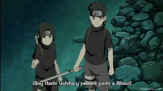 Shisui y itachi contra los ANBU de raiz/itachi muestra su sharingan