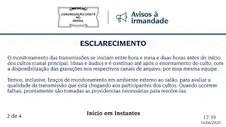 Culto Online CCB 14/06 2020 - 18:00 - Brás