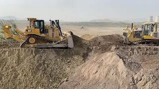 Caterpillar D9T And Komatsu D275AX Bulldozers Amazing Team Pushing Soil On Huge Mining Area