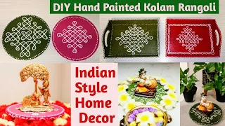 DIY Kolam Design Base For Home Decoration | Hand Painted Kolam Wooden Tray, Indian Style Tray
