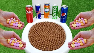 Chocolate Ball VS Coca Cola, Sprite, Fanta, Red Bull, Pepsi and Fruity Mentos in the toilet