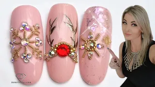 Crystals snowflakes nail art. Crystals placement for Christmas nails. Xmas nail art. Pink Christmas