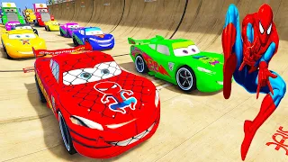 SPIDERMAN McQueen Friends Mega HILL Ramp Challenge ! SUPERHEROES HULK Mack Truck Car RACE  - GTA V