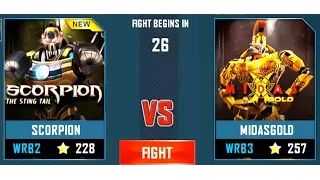 REAL STEEL WRB Scorpion (219) VS MIDAS GOLD (CHAMPION)(253) New Robots UPDATE (Живая сталь)