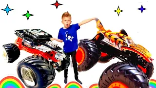 Monster Trucks Pretend play hide and seek! Монстр Трак Акула Hot Wheels играют в Прятки в Лесу!