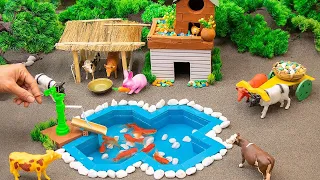 DIY mini Farm Diorama with house for Cow, horse  mini water pump supply for animals #16