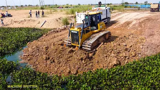 Wonderful Operator Skills Bulldozer Pushing Dirt & Dump Truck Unloading Make New Road  On Water