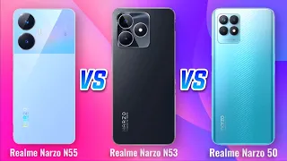 ₹12k Phones 😲 Realme Narzo N55 vs⚡Realme Narzo N53 vs⚡Realme Narzo 50 Full Specifications Comparison