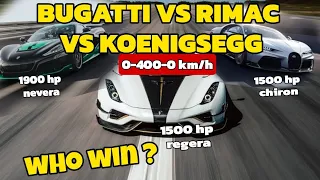 BUGATTI Chiron vs Rimac NEVERA vs Koenigsegg REGERA 0-400-0 KM/H battle hypercar record - REAL DATA