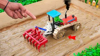 diy mini tractor dengerous stuck in mud with plough machine | science project |  @sanocreator