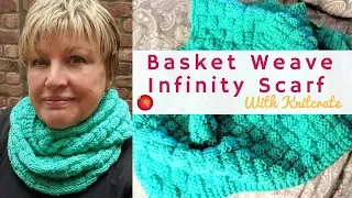 Knitted Basket Weave Infinity Scarf with Knitcrate - Checkered Knitting Cowl Pattern