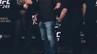 Khabib Nurmagomedov kicks Tony's belt clear off the stage 🤜