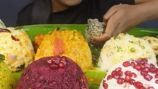 Eating Lemon Rice,Curd Rice,Tomato fried Rice,Papad,Sambar Rice South Indian Food ASMR Eating Video