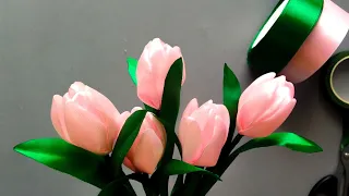 Adorable ribbon tulip flowers / Easy satin ribbon flower tulip | DIY - Tulip Bouquet / jisoo flower