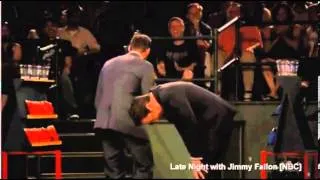 Hugh Jackman larks around with Jimmy Fallon