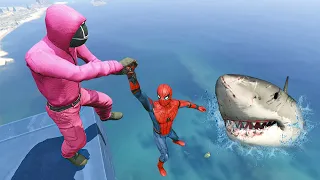 GTA 5 Water Ragdolls | Spider-Man vs Squid Game Guard Jumps/Fails  (Funny Moments) Ep.104