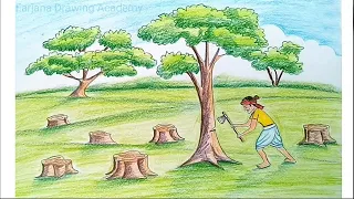 How to draw scenery of save trees for save nature... step by step