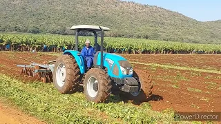 Landini Super 110 disking green bean stubble.