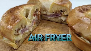 STUFFED BREAKFAST HAM AND EGG BAGEL SANDWICH AIR FRYER