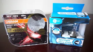 OSRAM NIGHT BREAKER +200% vs GE Sportlight Ultra 4200k