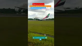 Emirates Airbus A380 departure from Manchester Airport runway 23L